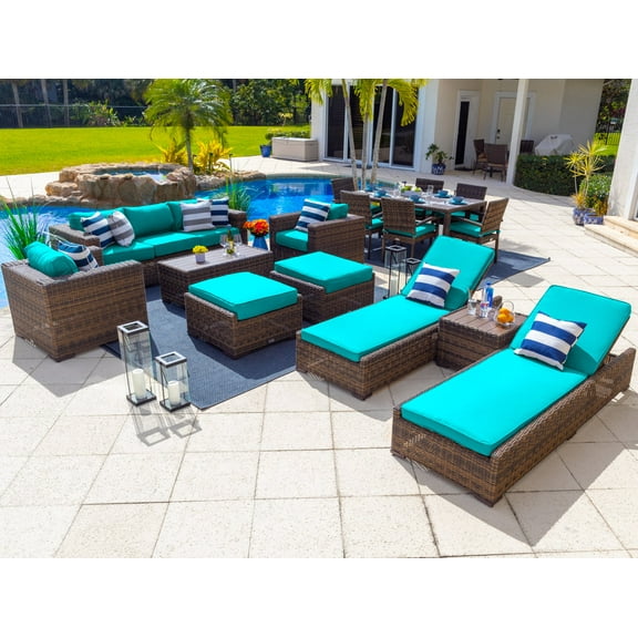 Tuscany 16-Piece Resin Wicker Outdoor Furniture Combination Set with Sofa Lounge Set, Dining Set, and Chaise Lounge Set (Half-Round Brown Wicker, Sunbrella Canvas Aruba)