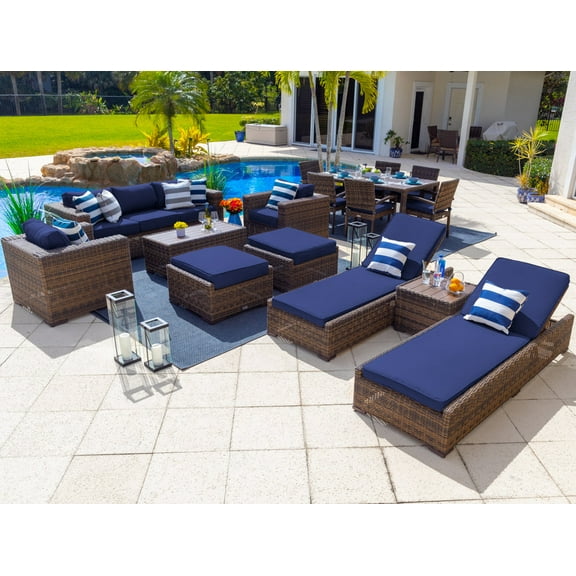 Tuscany 16-Piece Resin Wicker Outdoor Furniture Combination Set with Sofa Lounge Set, Dining Set, and Chaise Lounge Set (Half-Round Brown Wicker, Sunbrella Canvas Navy)