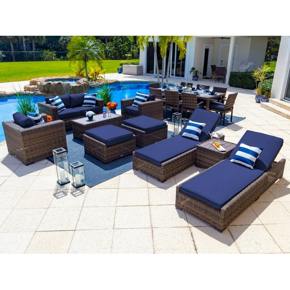 Tuscany 16-Piece Resin Wicker Outdoor Patio Furniture Combination Set with Loveseat Lounge Set, Six-seat Dining Set, and Chaise Lounge Set (Half-Round Brown Wicker, Sunbrella Canvas Navy)