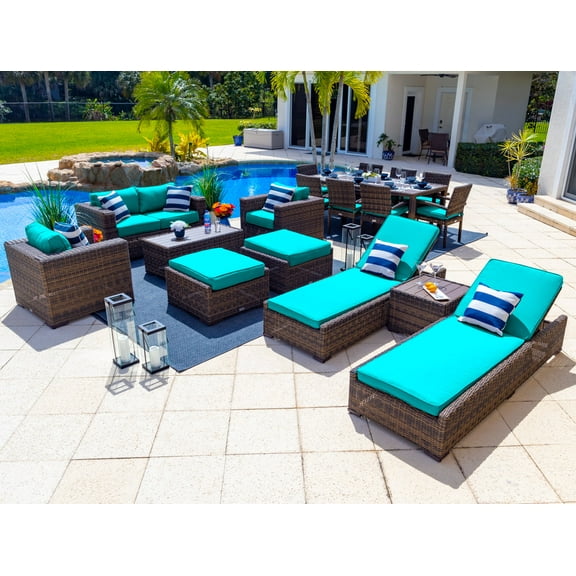 Tuscany 16-Piece Resin Wicker Outdoor Patio Furniture Combination Set with Loveseat Lounge Set, Six-seat Dining Set, and Chaise Lounge Set (Half-Round Brown Wicker, Sunbrella Canvas Aruba)