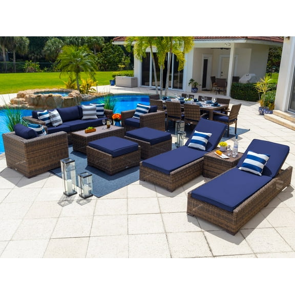Tuscany 18-Piece Resin Wicker Outdoor Patio Furniture Combination Set with Sofa Lounge Set, Eight-seat Dining Set, and Chaise Lounge Set (Half-Round Brown Wicker, Sunbrella Canvas Navy)