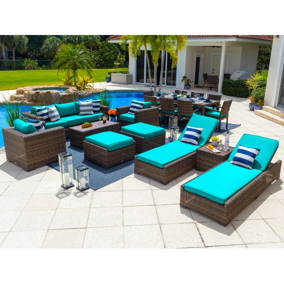 Tuscany 18-Piece Resin Wicker Outdoor Patio Furniture Combination Set with Sofa Lounge Set, Eight-seat Dining Set, and Chaise Lounge Set (Half-Round Brown Wicker, Sunbrella Canvas Aruba)