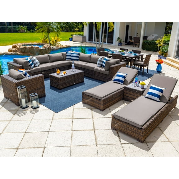Tuscany 19-Piece Resin Wicker Outdoor Patio Furniture Combination Set with Sectional Set, Six-seat Dining Set, and Chaise Lounge Set (Half-Round Brown Wicker, Sunbrella Canvas Taupe)