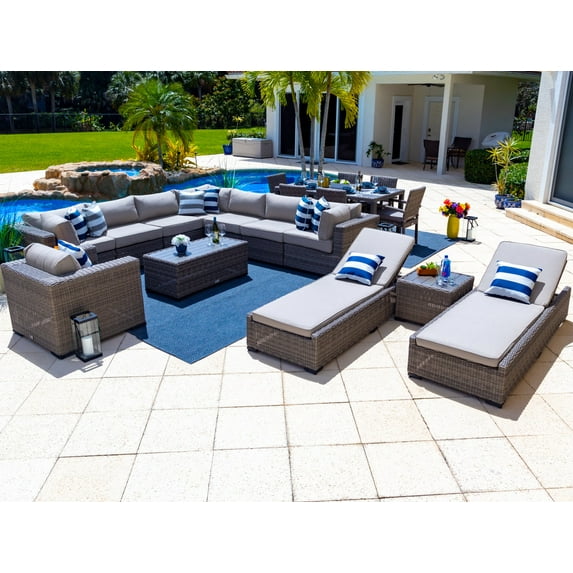Tuscany 19-Piece Resin Wicker Outdoor Patio Furniture Combination Set with Sectional Set, Six-seat Dining Set, and Chaise Lounge Set (Half-Round Gray Wicker, Polyester Light Gray)