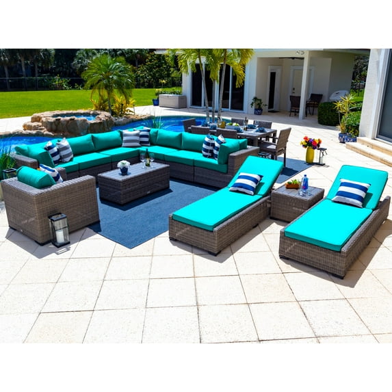 Tuscany 19-Piece Resin Wicker Outdoor Patio Furniture Combination Set with Sectional Set, Six-seat Dining Set, and Chaise Lounge Set (Half-Round Gray Wicker, Sunbrella Canvas Aruba)