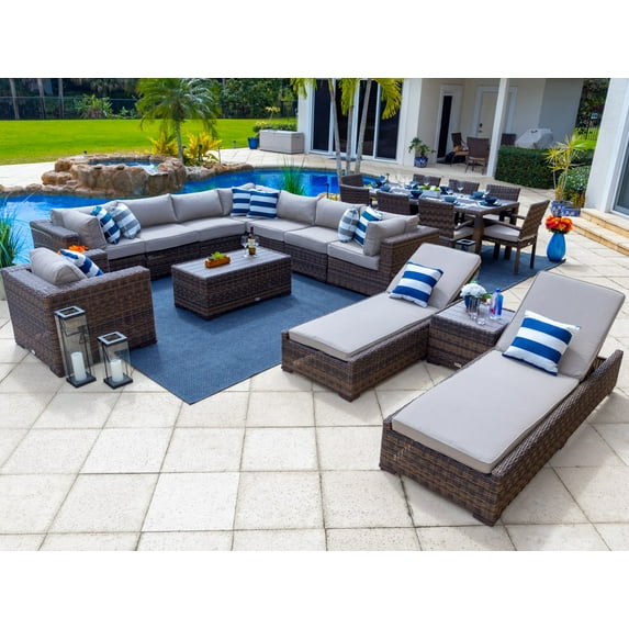 Tuscany 21-Piece Resin Wicker Outdoor Patio Furniture Combination Set with Sectional Set, Eight-seat Dining Set, and Chaise Lounge Set (Half-Round Brown Wicker, Polyester Light Gray)