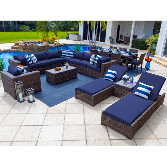 Tuscany 21-Piece Resin Wicker Outdoor Patio Furniture Combination Set with Sectional Set, Eight-seat Dining Set, and Chaise Lounge Set (Half-Round Brown Wicker, Sunbrella Canvas Navy)