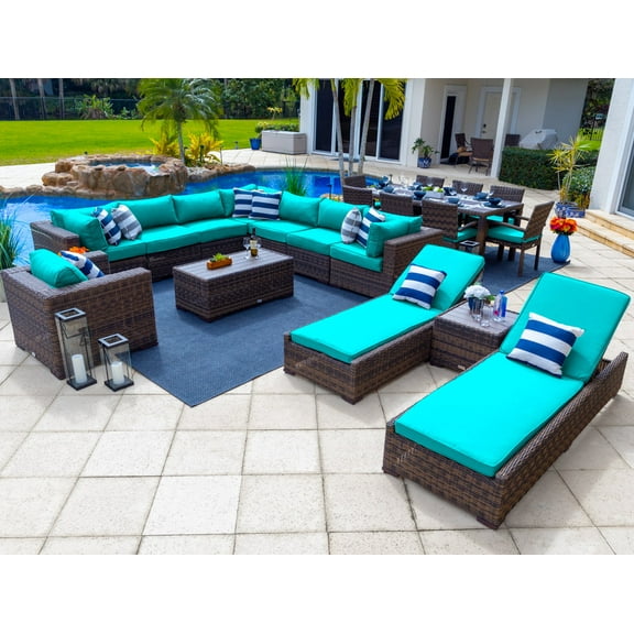 Tuscany 21-Piece Resin Wicker Outdoor Patio Furniture Combination Set with Sectional Set, Eight-seat Dining Set, and Chaise Lounge Set (Half-Round Brown Wicker, Sunbrella Canvas Aruba)