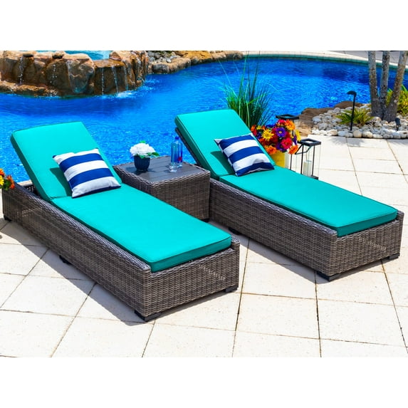 Tuscany 3-Piece Resin Wicker Outdoor Patio Furniture Chaise Lounge Set with Two Chaise Lounge Chairs and Side Table (Half-Round Gray Wicker, Sunbrella Canvas Aruba)