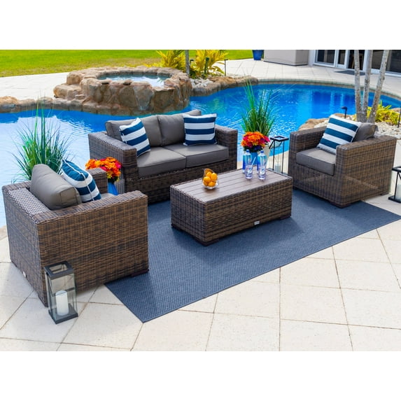 Tuscany 4-Piece M Resin Wicker Outdoor Patio Furniture Conversation Sofa Set with Loveseat, Two Armchairs, and Coffee Table (Half-Round Brown Wicker, Sunbrella Canvas Charcoal)