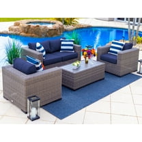 Tuscany 4-Piece M Resin Wicker Outdoor Patio Furniture Conversation Sofa Set with Loveseat, Two Armchairs, and Coffee Table (Half-Round Gray Wicker, Sunbrella Canvas Navy)