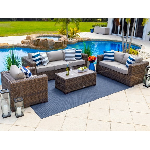 Tuscany 4 Piece XL Resin Wicker Outdoor Patio Conversation Sofa Set in Brown w/ Three-seat Sofa, Loveseat, Armchair, and Coffee Table (Half-Round Brown Wicker, Polyester Light Gray)