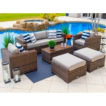 Tuscany 6-Piece L Resin Wicker Outdoor Patio Furniture Lounge Sofa Set with Three-seat Sofa, Two Armchairs, Two Ottomans, and Coffee Table (Half-Round Brown Wicker, Polyester light Gray)