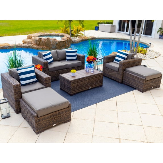 Tuscany 6-Piece M Resin Wicker Outdoor Patio Furniture Lounge Sofa Set in Brown w/ Loveseat, Two Armchairs, Two Ottomans, and Coffee Table (Half-Round Brown Wicker, Sunbrella Canvas Charcoal)