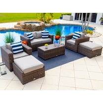 Tuscany 6-Piece M Resin Wicker Outdoor Patio Furniture Lounge Sofa Set in Brown w/ Loveseat, Two Armchairs, Two Ottomans, and Coffee Table (Half-Round Brown Wicker, Polyester Light Gray)