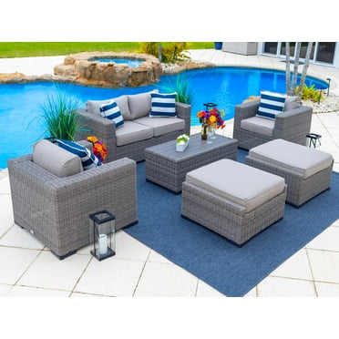 Tuscany 6-Piece M Resin Wicker Outdoor Patio Furniture Lounge Sofa Set in Gray w/Loveseat, Two Armchairs, Two Ottomans, and Coffee Table… (Half-Round Gray Wicker, Polyester Light Gray)