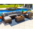 thumbnail image 1 of Tuscany 7-Piece Outdoor Patio Furniture Sectional Sofa Set with Four Modular Sectional Pieces, Armchair, Ottoman, and Coffee Table (Half-Round Brown Wicker, Polyester Light Gray), 1 of 7