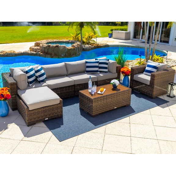Tuscany 7-Piece Outdoor Patio Furniture Sectional Sofa Set with Four Modular Sectional Pieces, Armchair, Ottoman, and Coffee Table (Half-Round Brown Wicker, Polyester Light Gray)