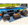 thumbnail image 1 of Tuscany 7-Piece Outdoor Patio Furniture Sectional Sofa Set with Four Modular Sectional Pieces, Armchair, Ottoman, and Coffee Table (Half-Round Brown Wicker, Sunbrella Canvas Navy), 1 of 4