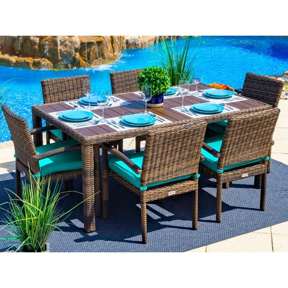 Tuscany 7-Piece Resin Wicker Outdoor Patio Furniture Dining Table Set with Dining Table and Six Cushioned Chairs (Half-Round Brown Wicker, Sunbrella Canvas Aruba)
