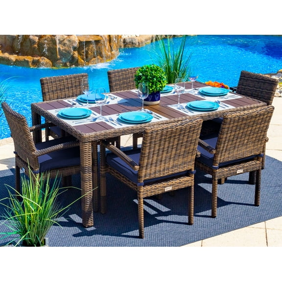 Tuscany 7-Piece Resin Wicker Outdoor Patio Furniture Dining Table Set with Dining Table and Six Cushioned Chairs (Half-Round Brown Wicker, Sunbrella Canvas Navy)