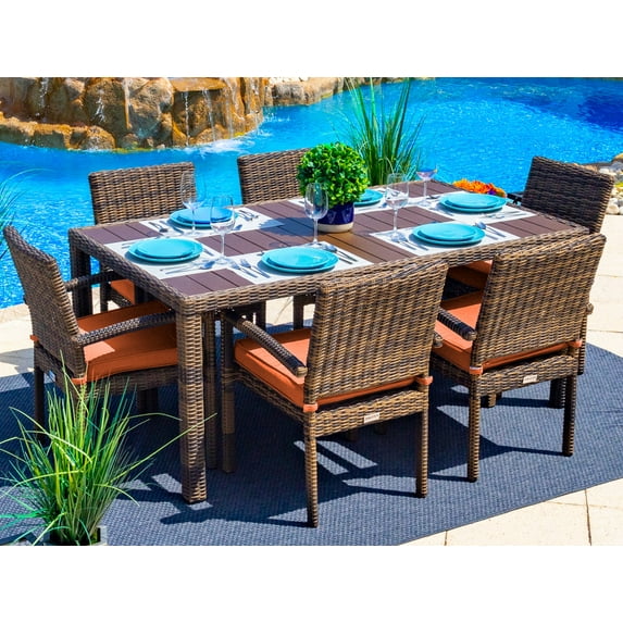 Tuscany 7-Piece Resin Wicker Outdoor Patio Furniture Dining Table Set with Dining Table and Six Cushioned Chairs (Half-Round Brown Wicker, Sunbrella Canvas Tuscan)