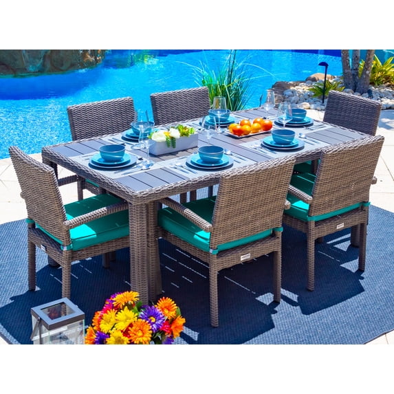 Tuscany 7-Piece Resin Wicker Outdoor Patio Furniture Dining Table Set with Dining Table and Six Cushioned Chairs (Half-Round Gray Wicker, Sunbrella Canvas Aruba)