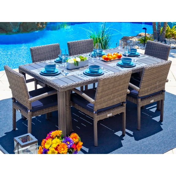 Tuscany 7-Piece Resin Wicker Outdoor Patio Furniture Dining Table Set with Dining Table and Six Cushioned Chairs (Half-Round Gray Wicker, Sunbrella Canvas Navy)