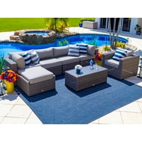 Tuscany 7-Piece Resin Wicker Outdoor Patio Furniture Sectional Sofa Set in Gray w/Four Modular Sectional Pieces, Armchair, Ottoman, and Coffee Table… (Half-Round Gray Wicker, Polyester Light Gray)