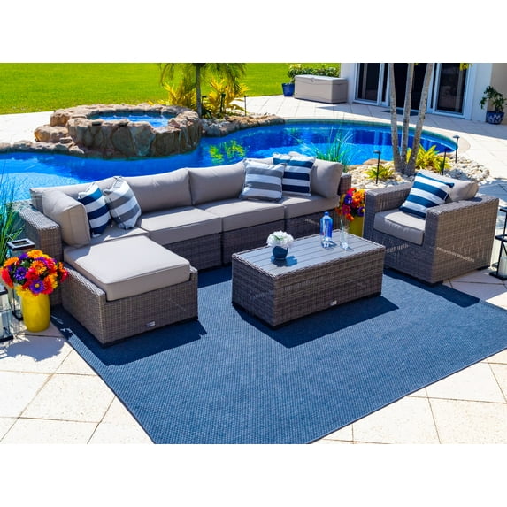 Tuscany 7-Piece Resin Wicker Outdoor Patio Furniture Sectional Sofa Set in Gray w/Four Modular Sectional Pieces, Armchair, Ottoman, and Coffee Table… (Half-Round Gray Wicker, Polyester Light Gray)