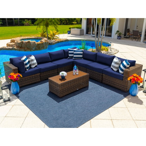 Tuscany 8-Piece Resin Wicker Outdoor Patio Furniture Sectional Sofa Set with Seven Modular Sectional Seats and Coffee Table (Half-Round Brown Wicker, Sunbrella Canvas Navy)