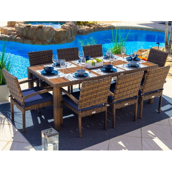 Tuscany 9-Piece Resin Wicker Outdoor Patio Furniture Rectangular Dining Table Set with Dining Table and Eight Cushioned Chairs (Half-Round Brown Wicker, Sunbrella Canvas Navy)