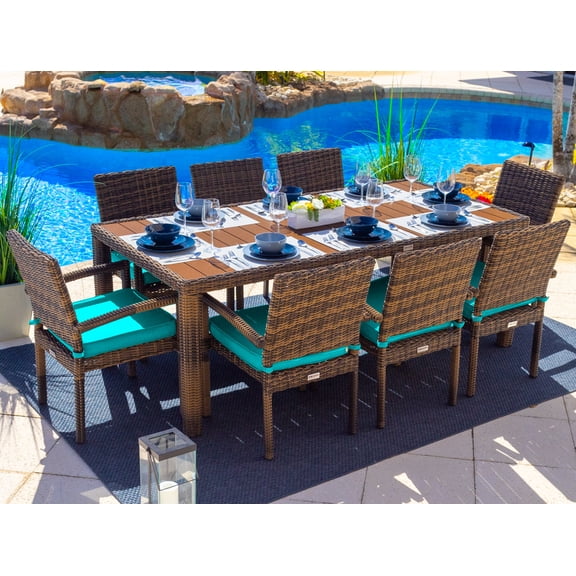 Tuscany 9-Piece Resin Wicker Outdoor Patio Furniture Rectangular Dining Table Set with Dining Table and Eight Cushioned Chairs (Half-Round Brown Wicker, Sunbrella Canvas Aruba)