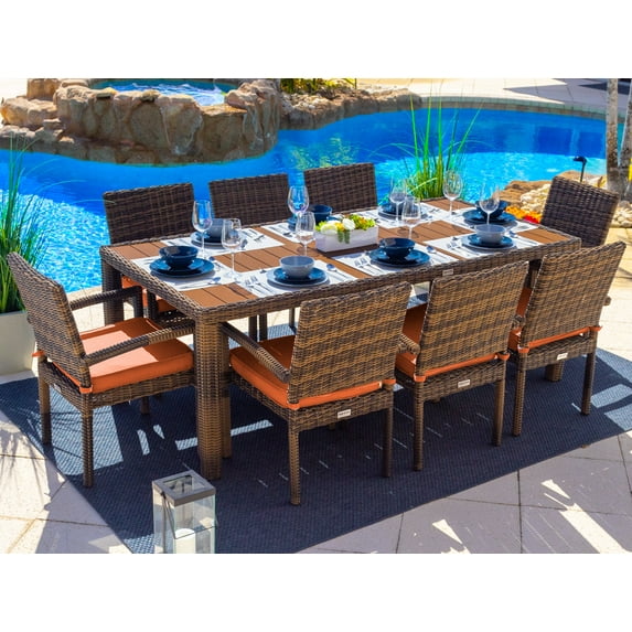 Tuscany 9-Piece Resin Wicker Outdoor Patio Furniture Rectangular Dining Table Set with Dining Table and Eight Cushioned Chairs (Half-Round Brown Wicker, Sunbrella Canvas Tuscan)
