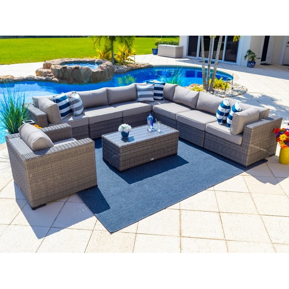 Tuscany 9-Piece Resin Wicker Outdoor Patio Furniture Sectional Sofa Set in Gray w/Seven Modular Sectional Seats, Armchair, and Coffee Table… (Half-Round Gray Wicker, Light Gray Polyester)