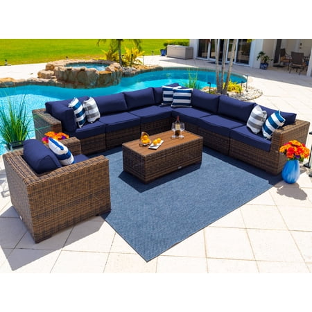 Tuscany 9-Piece Resin Wicker Outdoor Patio Furniture Sectional Sofa Set with Seven Modular Sectional Seats, Armchair, and Coffee Table (Half-Round Brown Wicker, Sunbrella Canvas Navy)