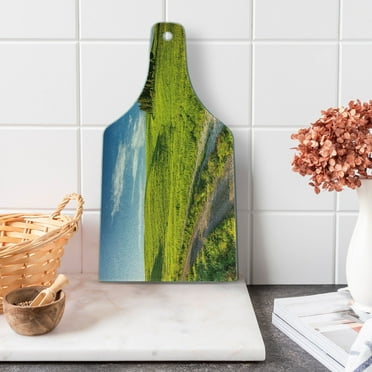 Tuscany Cutting Board, Tuscany Italy Getaway Dreamland Cultivated Land Wildflowers Springtime, Tempered Glass Cutting and Serving Board, Wine Bottle Shape, Sky Blue Fern Green, by Ambesonne