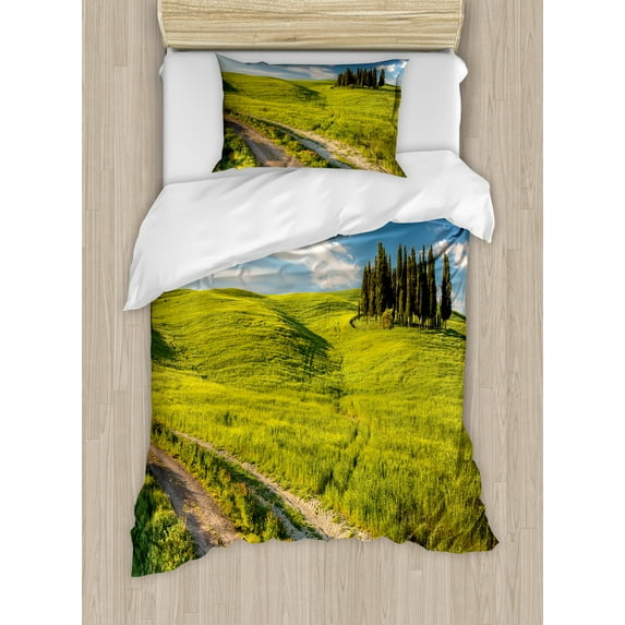Tuscany Duvet Cover Set, Tuscany Italy Getaway Dreamland Cultivated Land Wildflowers Springtime, Decorative 2 Piece Bedding Set with 1 Pillow Shams, Twin Size, Sky Blue Fern Green, by Ambesonne
