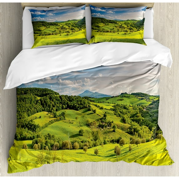 Tuscany Duvet Cover Set, Tuscany Italy Sunlight Homestead Plantation Farms Pathway Greenery Print, Decorative 3 Piece Bedding Set with 2 Pillow Shams, Queen Size, Sky Blue Apple Green, by Ambesonne