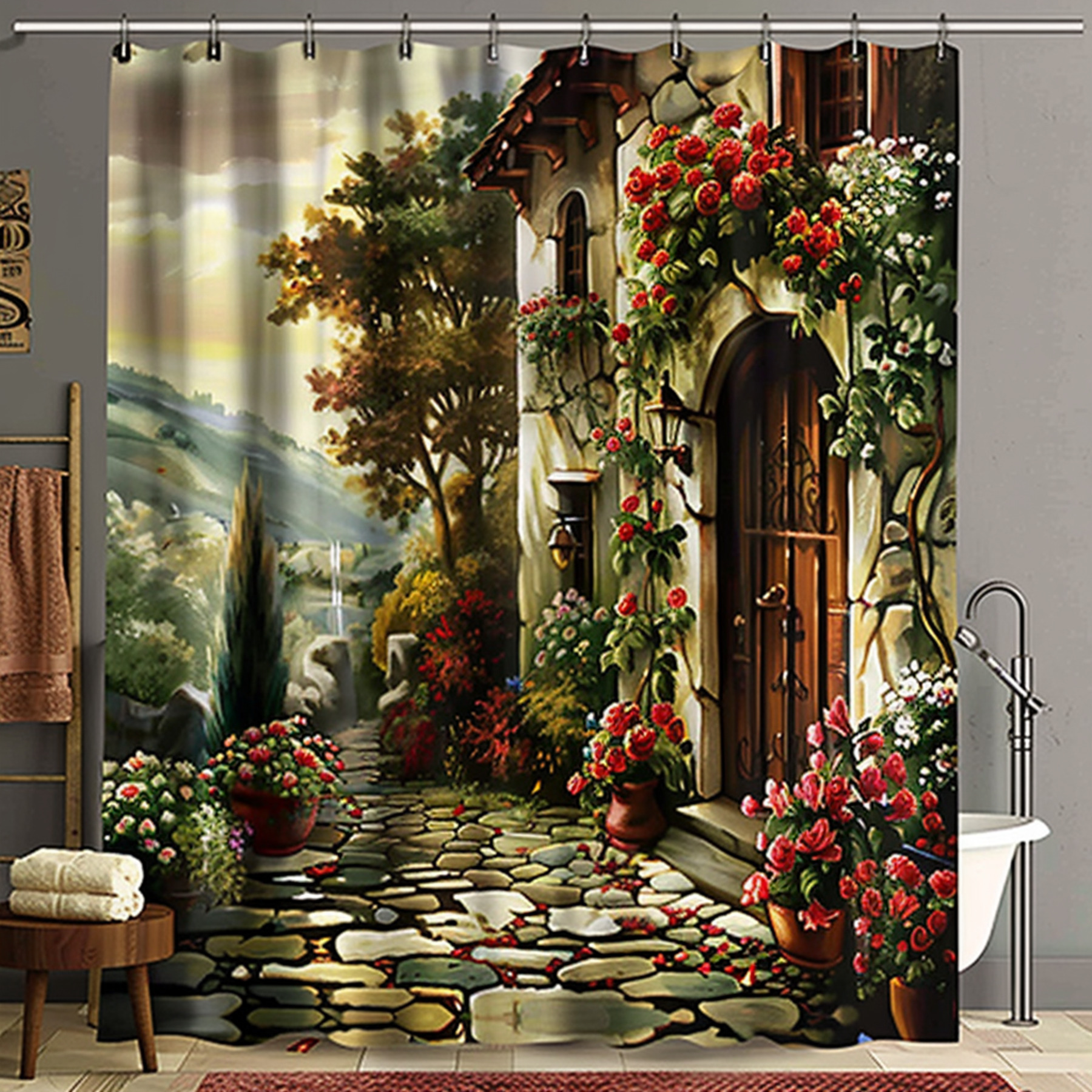 Tuscany Italian Style Shower Curtain with Flowers and Vines Stone Path