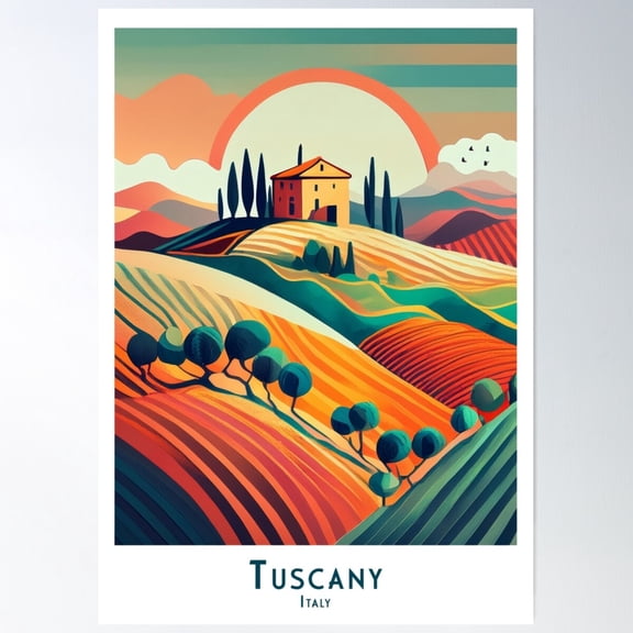 Tuscany Italy Landscape - Vintage Travel Poster In Retro Minimal Style Poster Wall Art, Modern Wall Decor For Living Room Bedroom, 8x12 UNFRAMED