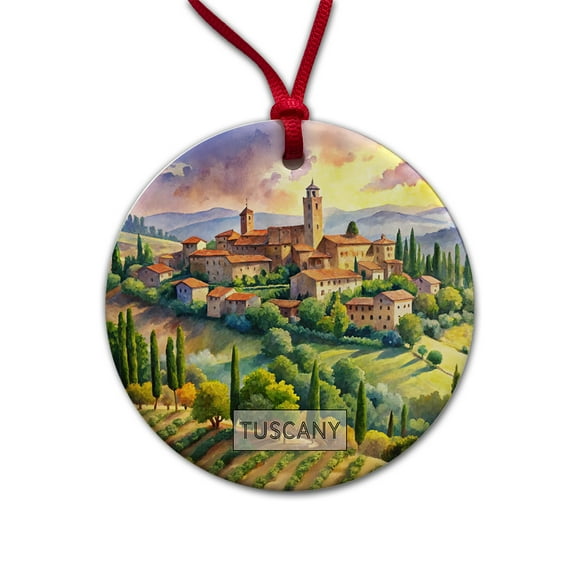 Tuscany Italy Travel City Watercolor Christmas Tree Holiday Round Ceramic Ornament