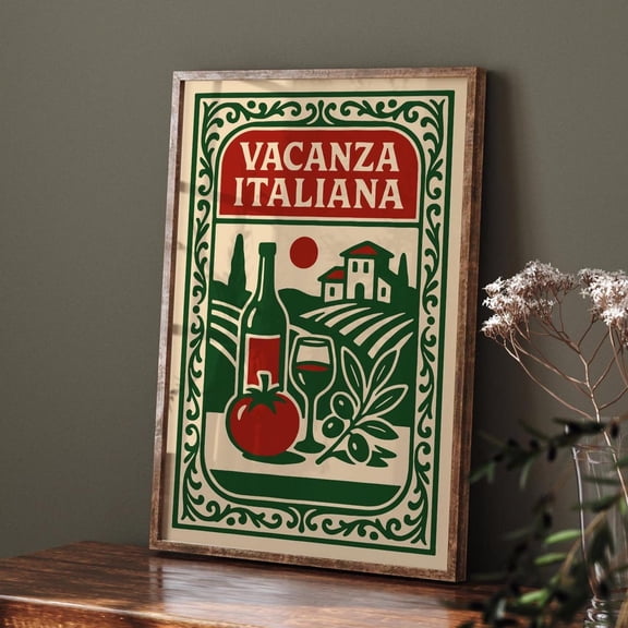 Tuscany Travel Rococo Wine Landscape Kitchen Decor Poster, Stretched Canvas 12x16in