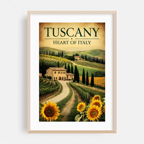 Tuscany Vintage Travel Poster – Discover Italy’s Scenic Countryside - Tuscany Italy Illustration Travel Poster Vineyard Landscape Rustic Pastoral Countryside Oak Framed Wall Art Print 12 x 18 inches