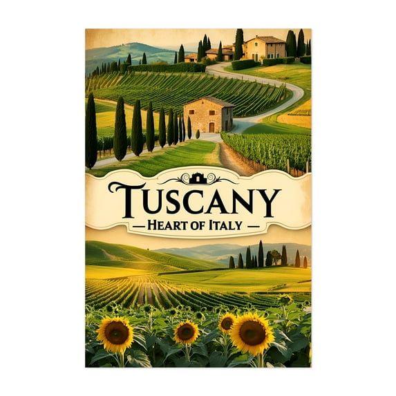 Tuscany Vintage Travel Poster – Rolling Hills of Italy - Tuscany Italy Illustration Travel Poster Vineyard Landscape Scenic Rural Countryside Unframed Wall Art Print 20 x 28 inches