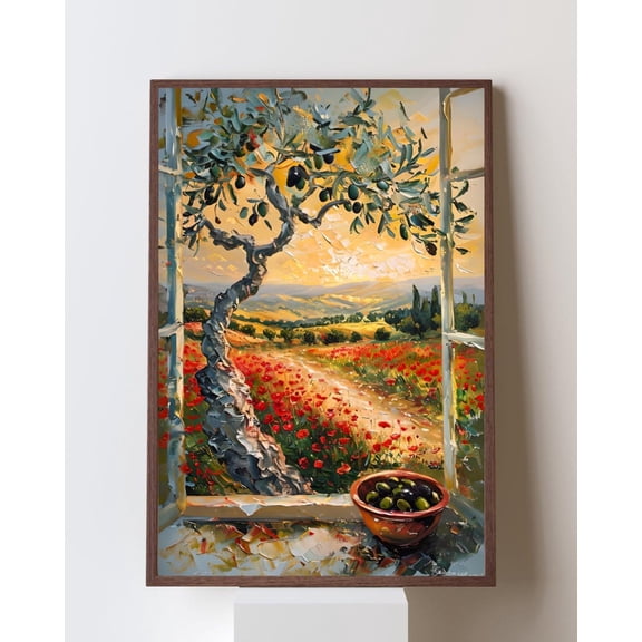 Tuscany Window View Print: Olive Tree & Poppy Field, Italian Kitchen Art #655, Unframed Canvas Size 8x12