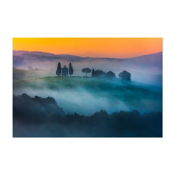 Tuscany church surrounded by cypresses - Italy Photography Landscape Sunset Scenic Pastoral Countryside Mystical Unframed Wall Art Print 40 x 60 inches