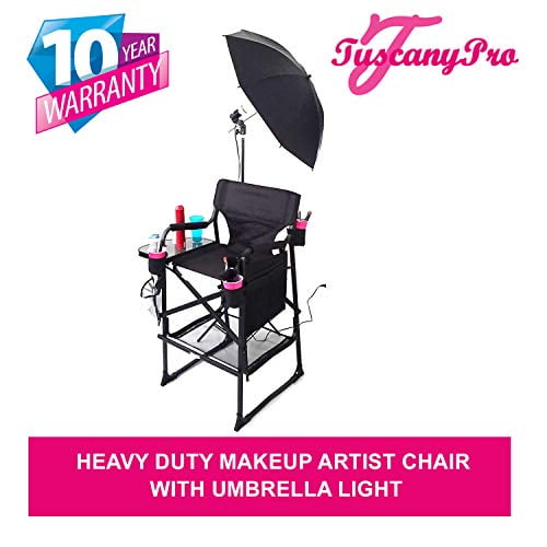TuscanyPro Portable Heavy-Duty Makeup Artist Chair with Umbrella Light Kit - Perfect for Makeup, Salon, Events with 29 Inch Seat Height - Carry Bag Included - 10 Years Warranty - US Patented