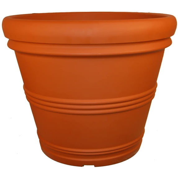 Tusco Products plastic rolled rim planter in terra cotta color, 24.5 in diameter