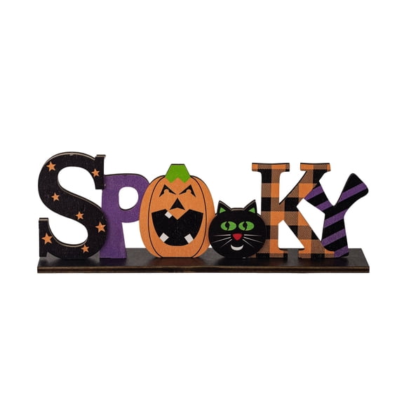 Tuscom 1Pcs Halloween Wooden Letter Decorations Set, Freestanding Wood Sign Ornaments with Pumpkin Design, Spooky Tabletop Shelf Decor for Home Mantel Party, Rustic Holiday Centerpiece Display